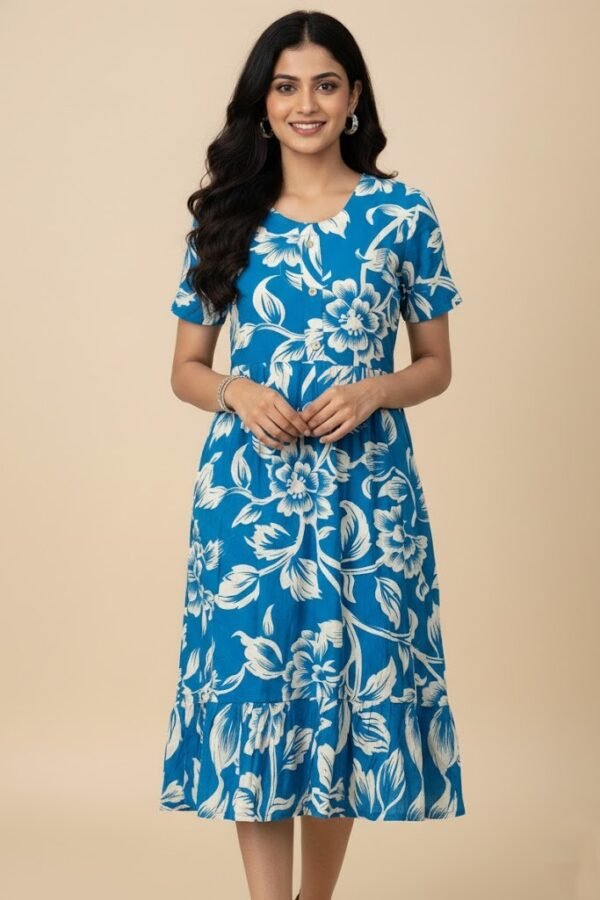 The Azure Bloom Premium Cotton Maxi Dress
