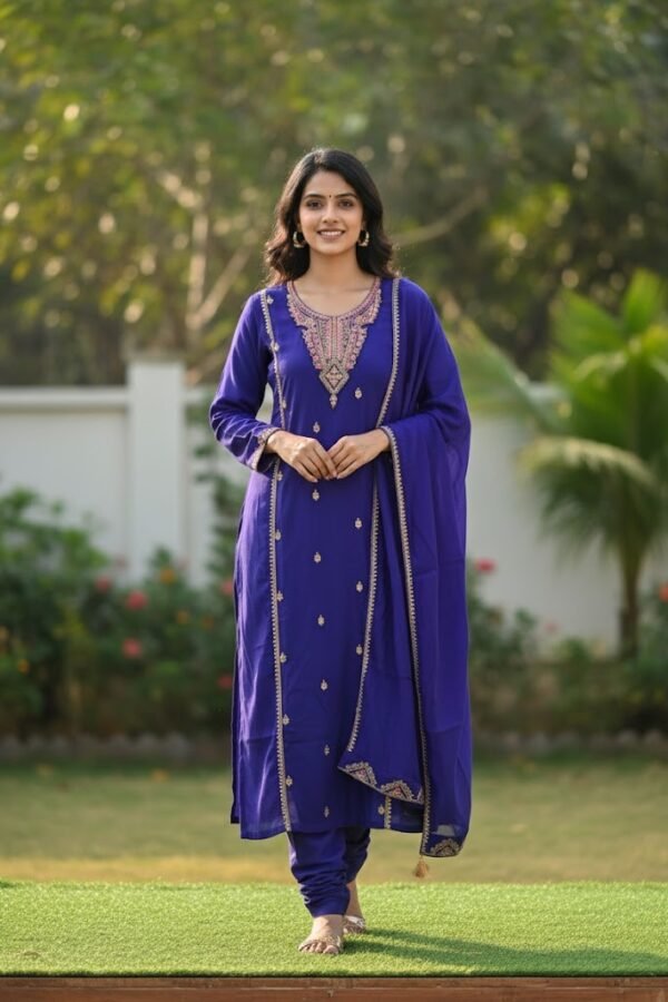 Elegant Royal Blue Vatican Fabric Zari Work Kurta Set with Dupatta