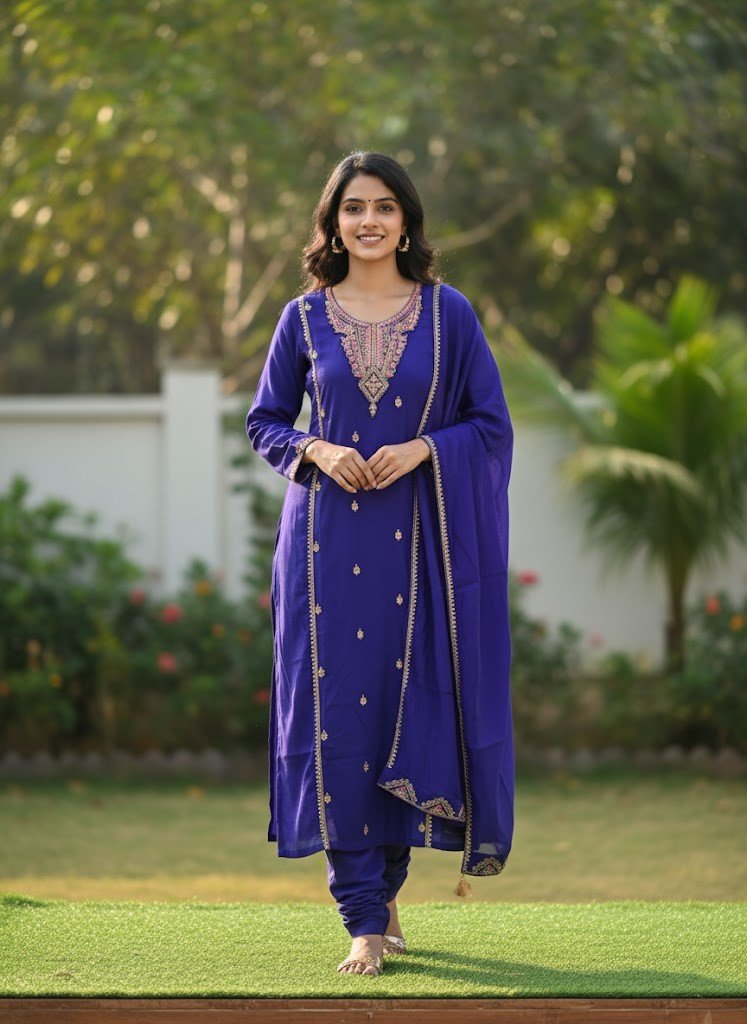 Elegant Royal Blue Vatican Fabric Zari Work Kurta Set with Dupatta