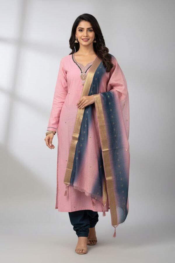 Elegant Blush Pink Rayon Aari Work Kurta Set with Ombre Dupatta