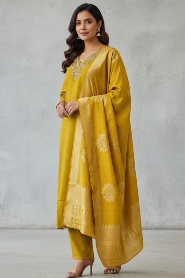 Yellow Rayon Aari Embroidered Kurta Set with Banarasi Dupatta