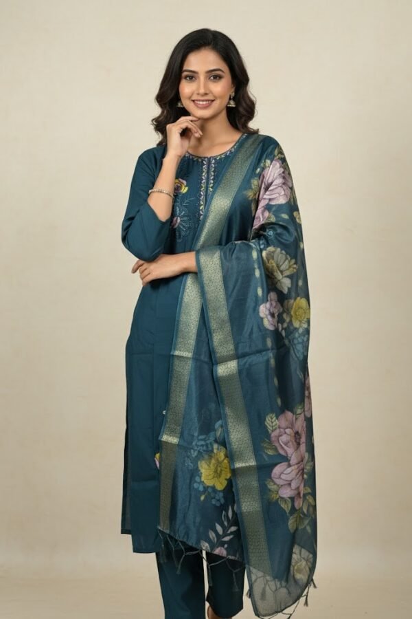 Elegant Teal Embroidered Rayon Kurta Set With Floral Silk Blend Dupatta