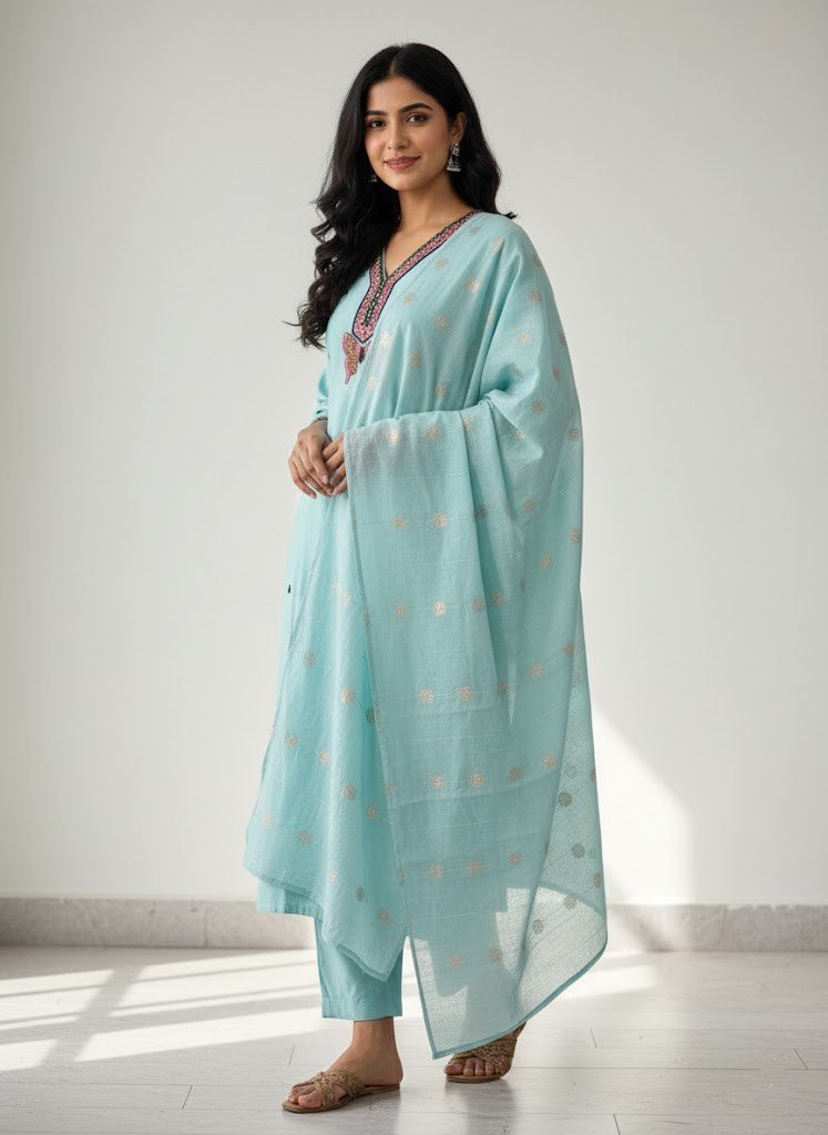 Sky Blue Cotton Embroidered Kurti with Butterfly Motif and Dupatta - Image 3