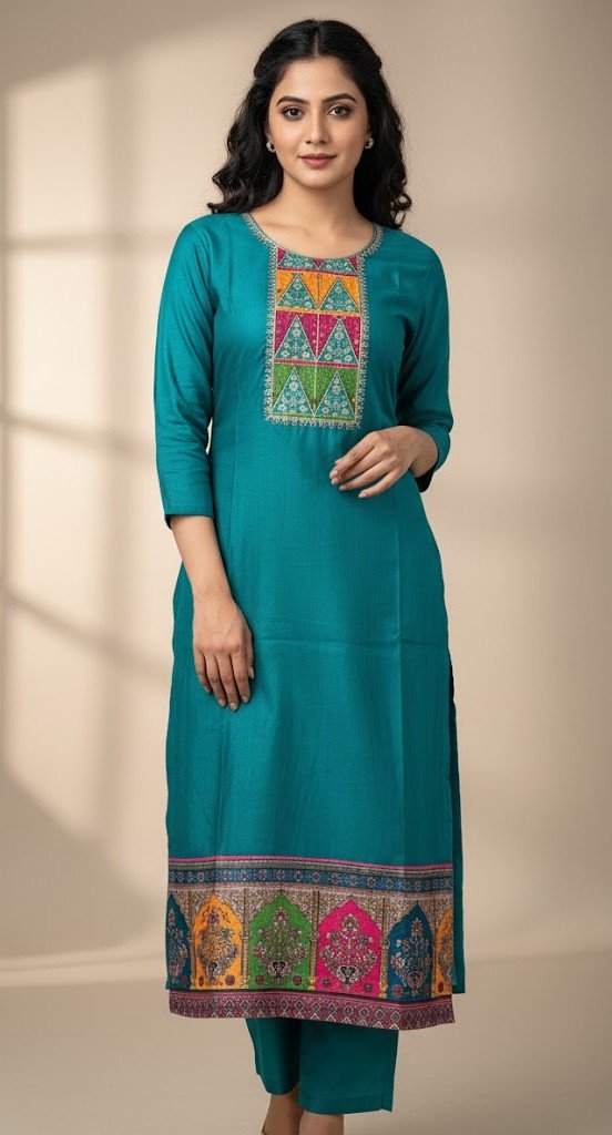 Vibrant Teal Vatican Silk Embroidered Kurti with pant Set - Image 2
