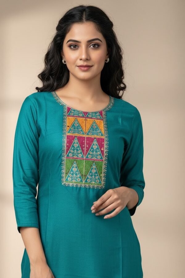 Vibrant Teal Vatican Silk Embroidered Kurti with pant Set