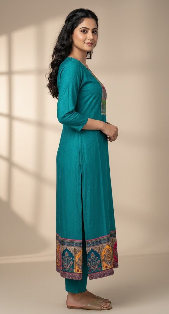 Vibrant Teal Vatican Silk Embroidered Kurti with pant Set - Image 3