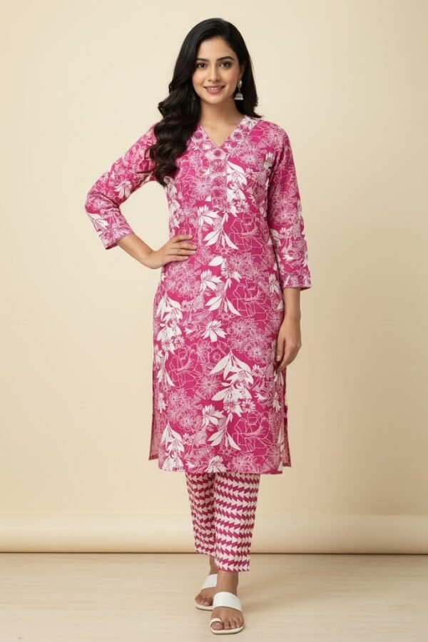 Magenta and White Floral Rayon Co-ord Kurti Set