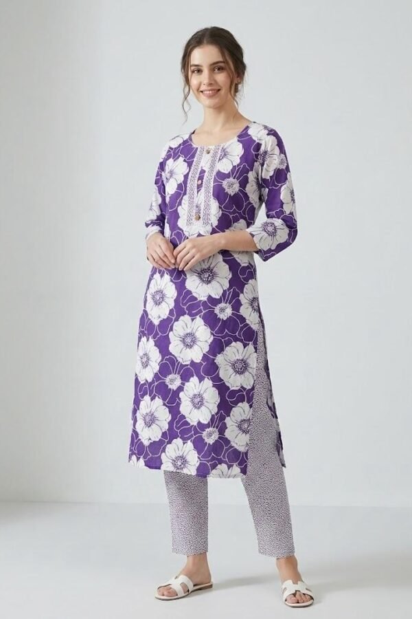 "Majestic Bloom" Cotton Printed Kurta and Co-ord Set (Purple & White)