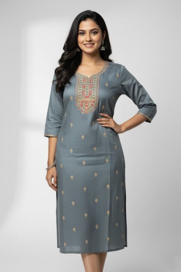 Azure Grey Premium Rayon Kurti with Intricate Neckline Embroidery