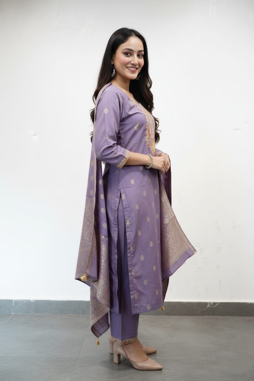 Lavender Brocade Dupatta Kurti Set with Multi-Color Embroidery - Image 3