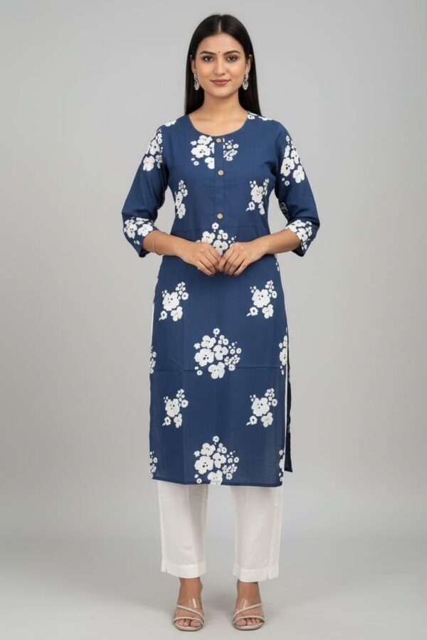 Premium Navy Floral Print Straight Kurti