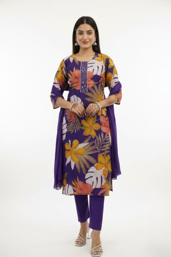 Royal Purple Rayon Kurti Set with Vibrant Floral Print