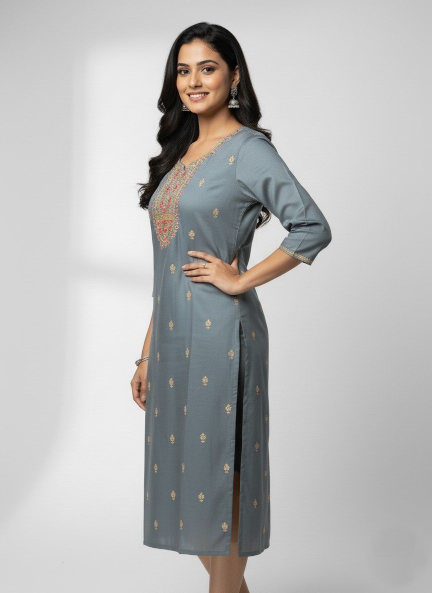 Azure Grey Premium Rayon Kurti with Intricate Neckline Embroidery - Image 2