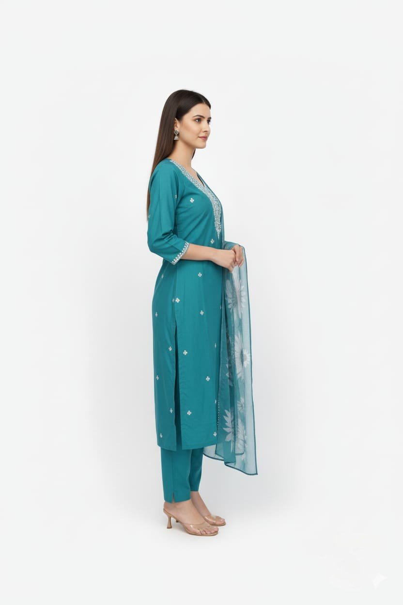 Elegant Teal Embroidered Kurti Set with Sunflower Print Dupatta - Image 3