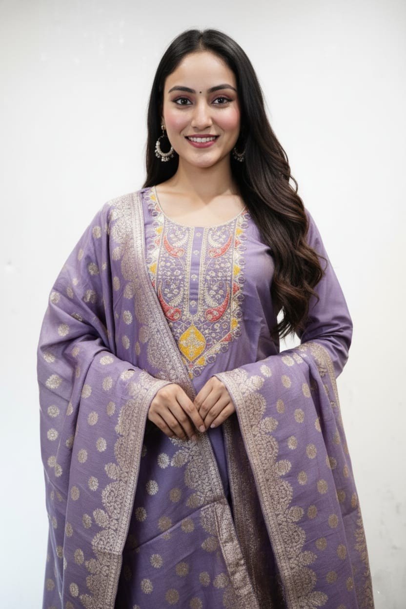 Lavender Brocade Dupatta Kurti Set with Multi-Color Embroidery - Image 2