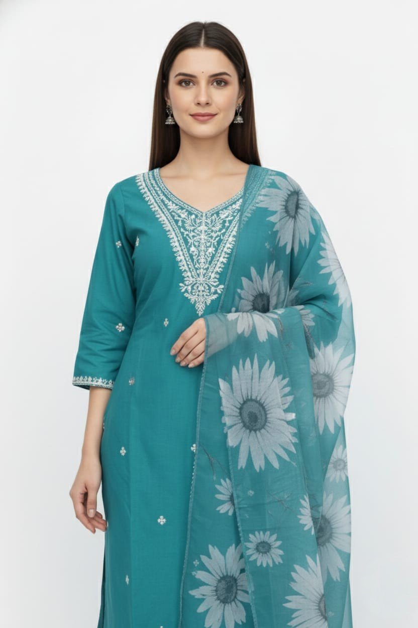 Elegant Teal Embroidered Kurti Set with Sunflower Print Dupatta - Image 2