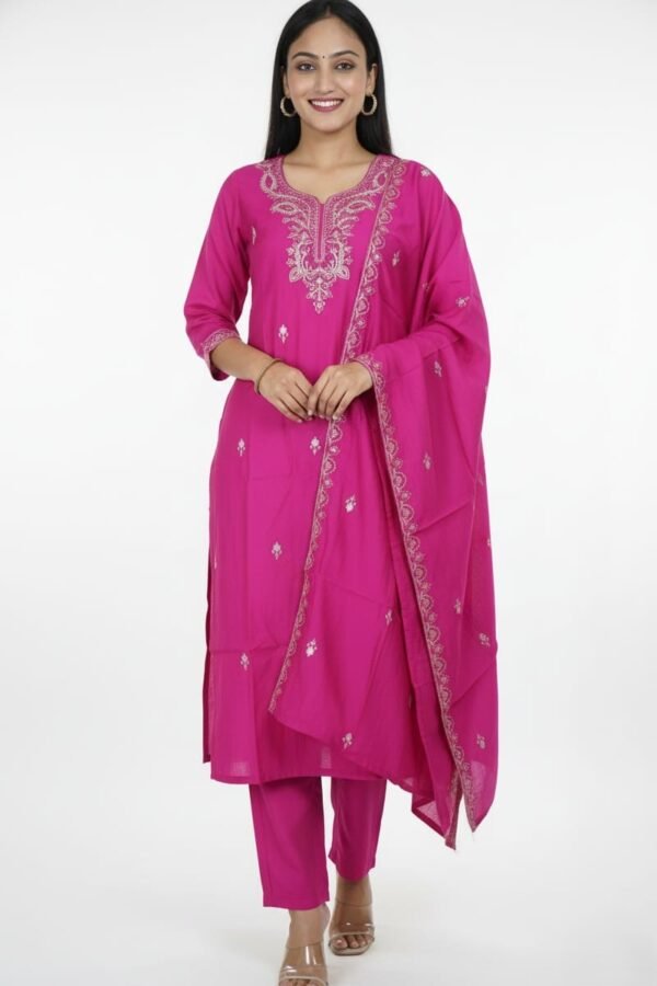 Rayon  Pink Embroidered Straight Kurti with Pants & Dupatta