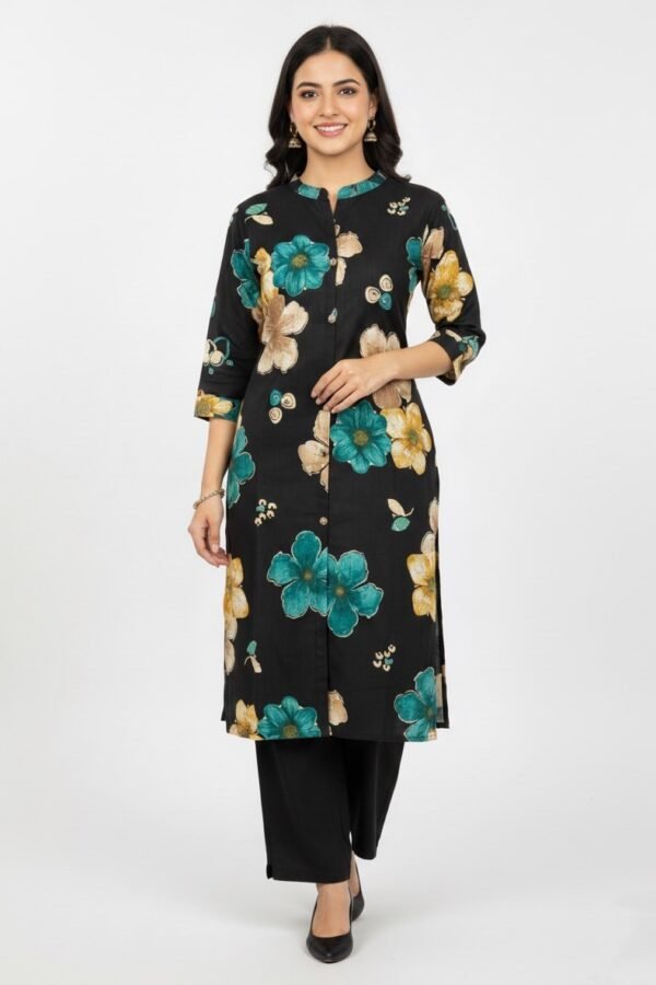 Black Floral Print Rayon Coord Set