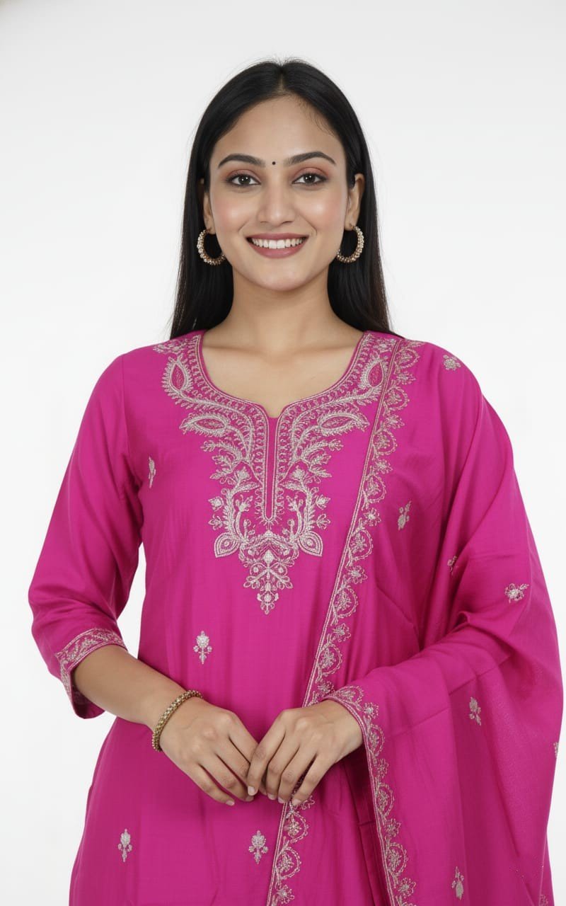 Rayon Pink Embroidered Straight Kurti with Pants & Dupatta - Image 2