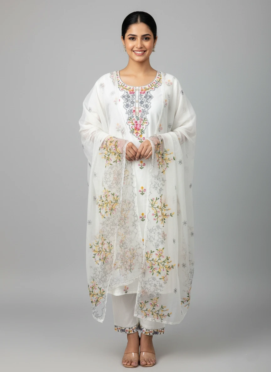 Elegant Ivory Embroidered Vatican Fabric Kurti Set with Floral Dupatta