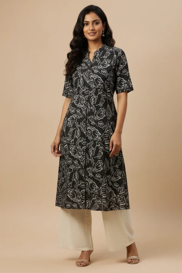 Dark Green Rayon Floral Print Straight Kurta with Off-White Palazzos