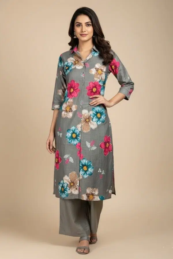 Grey Floral Printed Rayon Co-ord Kurti & Palazzo Set