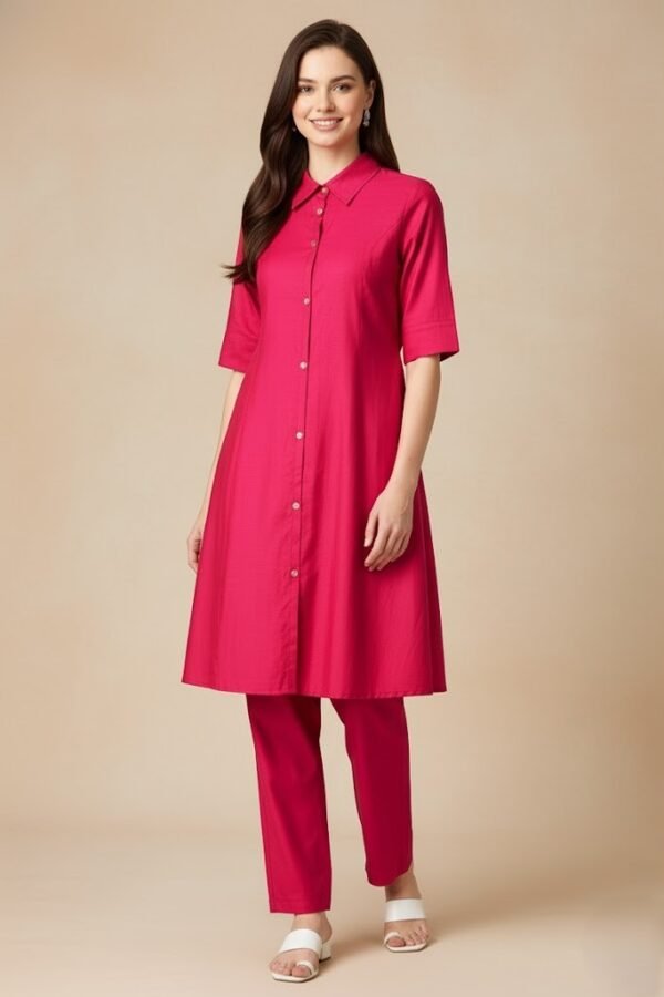 Vatican Fabric Shirt Kurti and Trousers Co-ord Set in Viva Magenta