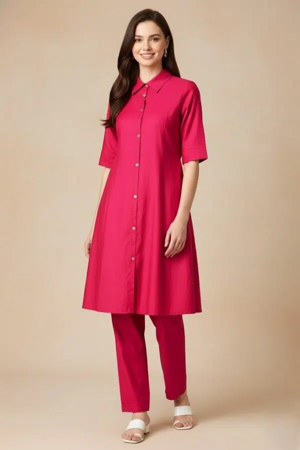 Vatican Fabric Shirt Kurti and Trousers Co-ord Set in Viva Magenta
