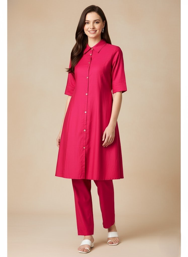 Vatican Fabric Shirt Kurti and Trousers Co-ord Set in Viva Magenta