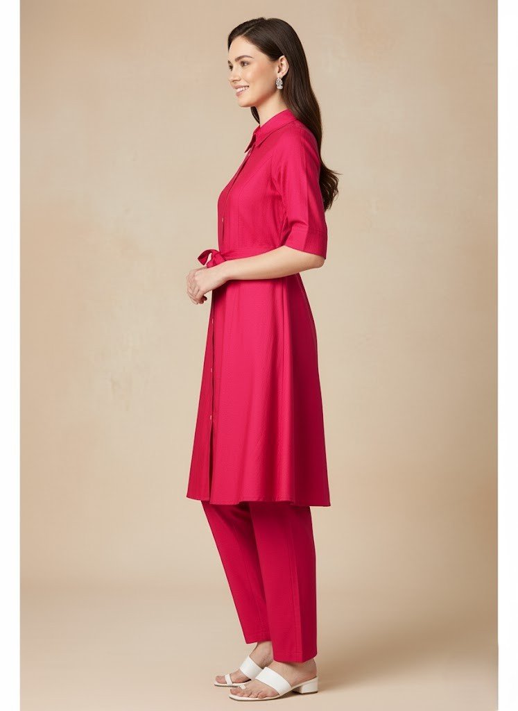 Vatican Fabric Shirt Kurti and Trousers Co-ord Set in Viva Magenta - Image 2