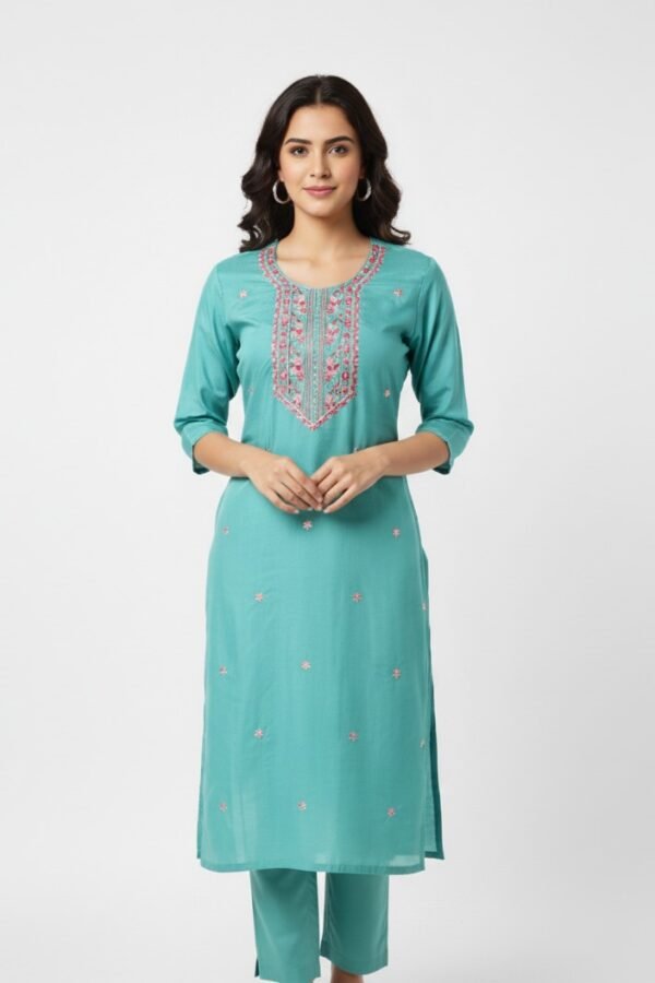 Premium Teal Rayon Kurta with Delicate Floral Embroidery