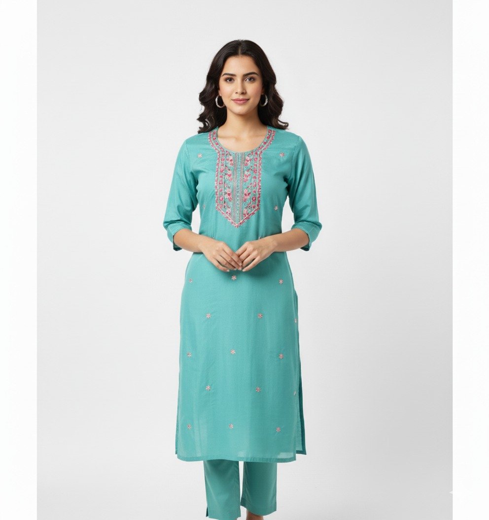 Premium Teal Rayon Kurta with Delicate Floral Embroidery