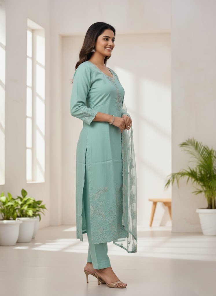 Elegant Aqua Zari Work Rayon Straight Kurta Suit - Image 3