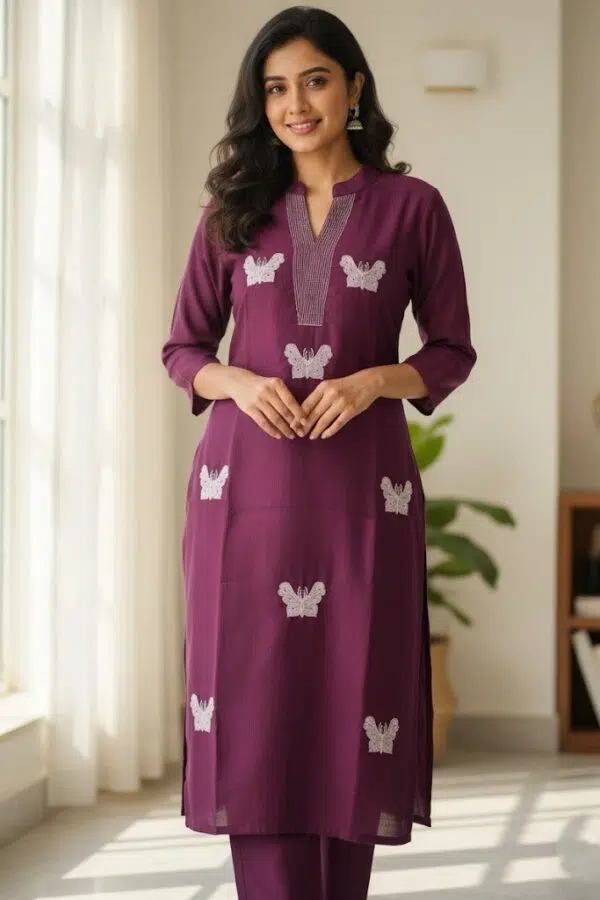 "Amethyst Flutter" Rayon white butterfly embroidery Co-ord Set