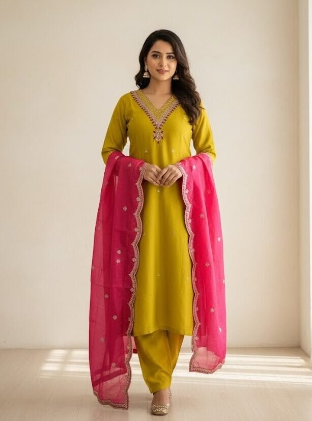 Elegant Lime Green & Hot Pink Rayon Zari Embroidered Kurti Set with Dupatta
