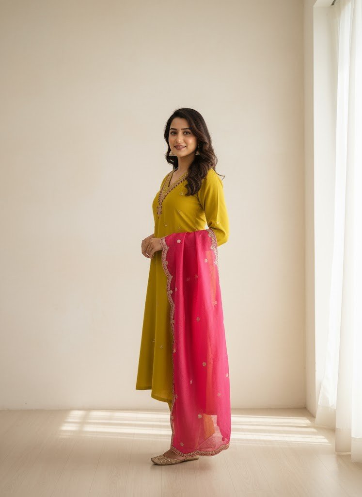 Elegant Lime Green & Hot Pink Rayon Zari Embroidered Kurti Set with Dupatta - Image 3