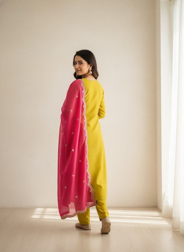 Elegant Lime Green & Hot Pink Rayon Zari Embroidered Kurti Set with Dupatta - Image 4