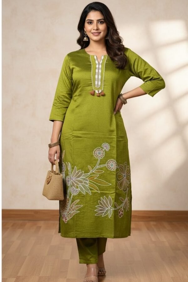 Rayon Blend Olive Green Embroidered Co-ord Set