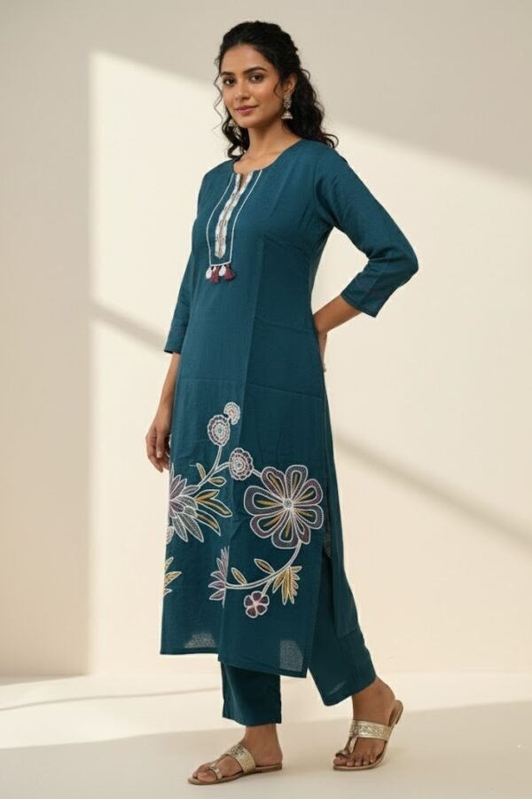 Teal Rayon Kurti and Pant Co-ord Set