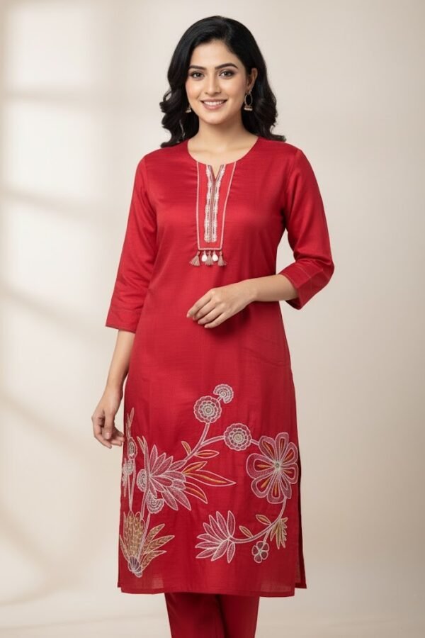 Scarlet Red Vatican Silk Finish Co-ord Kurti Set with Floral Embroidery