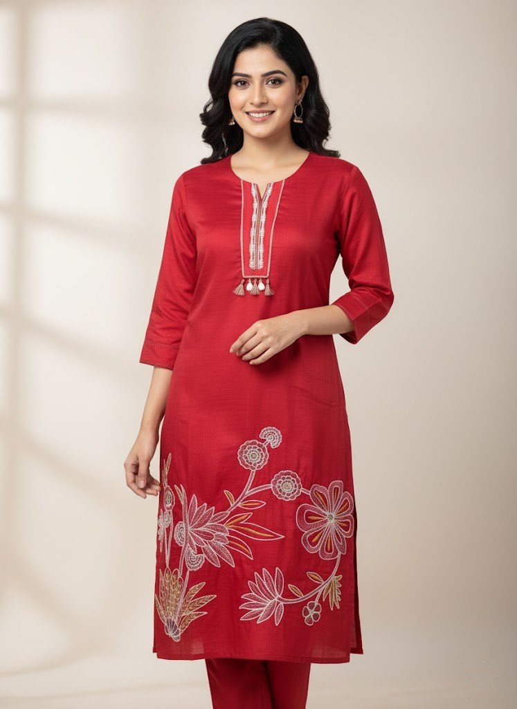 Scarlet Red Vatican Silk Finish Co-ord Kurti Set with Floral Embroidery