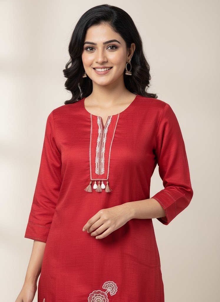 Scarlet Red Vatican Silk Finish Co-ord Kurti Set with Floral Embroidery - Image 2