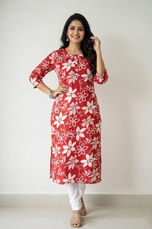 Premium Red & Off-White Floral Rayon Kurti