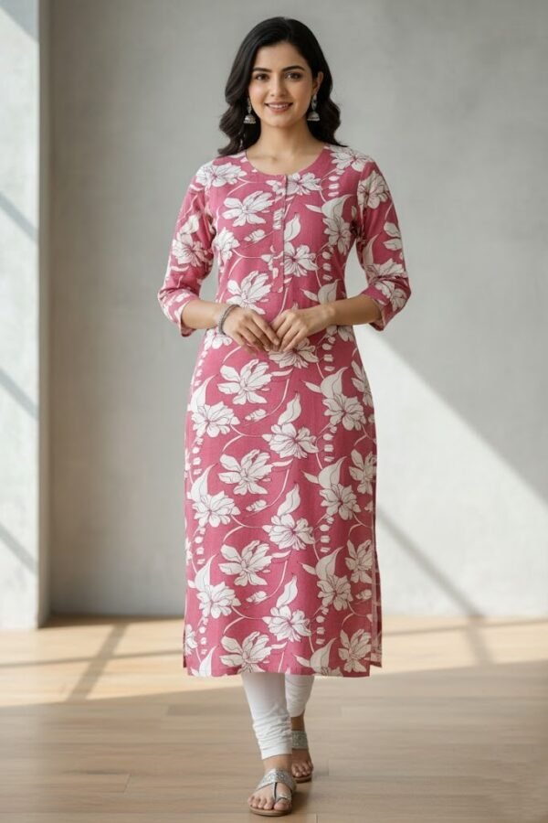 Pink & White Floral Print Rayon Straight Kurti