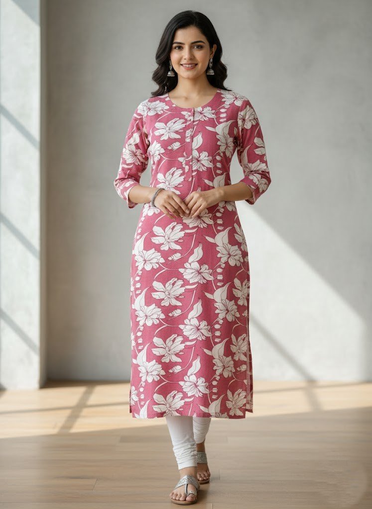 Pink & White Floral Print Rayon Straight Kurti