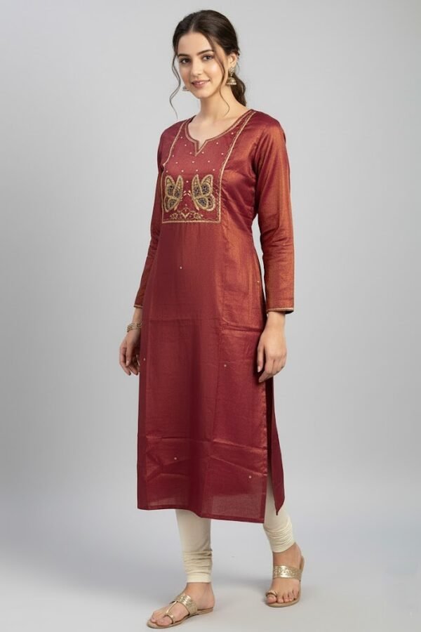 Regal Maroon Aari Work Butterfly Silk Kurti