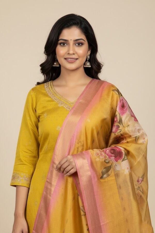Mustard Rayon Silk Embroidered Kurta Set with Floral Digital Print Dupatta