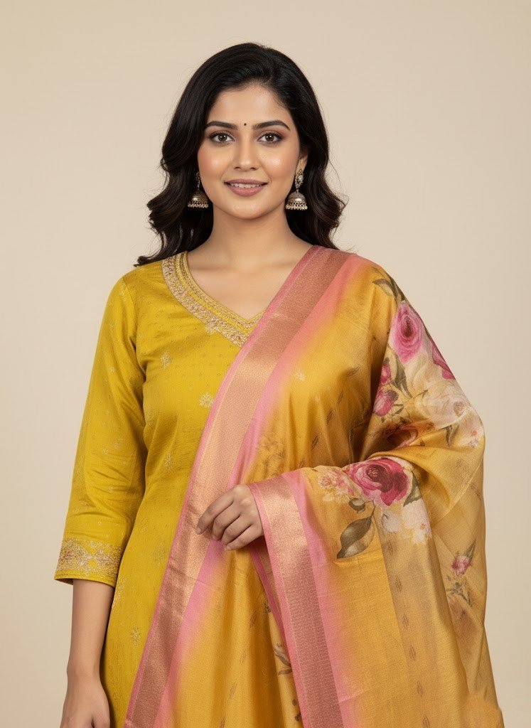 Mustard Rayon Silk Embroidered Kurta Set with Floral Digital Print Dupatta