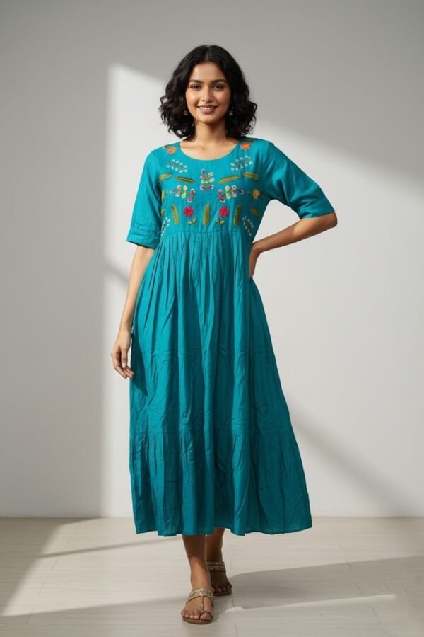 Premium Teal Floral Embroidered Maxi Kurti Dress