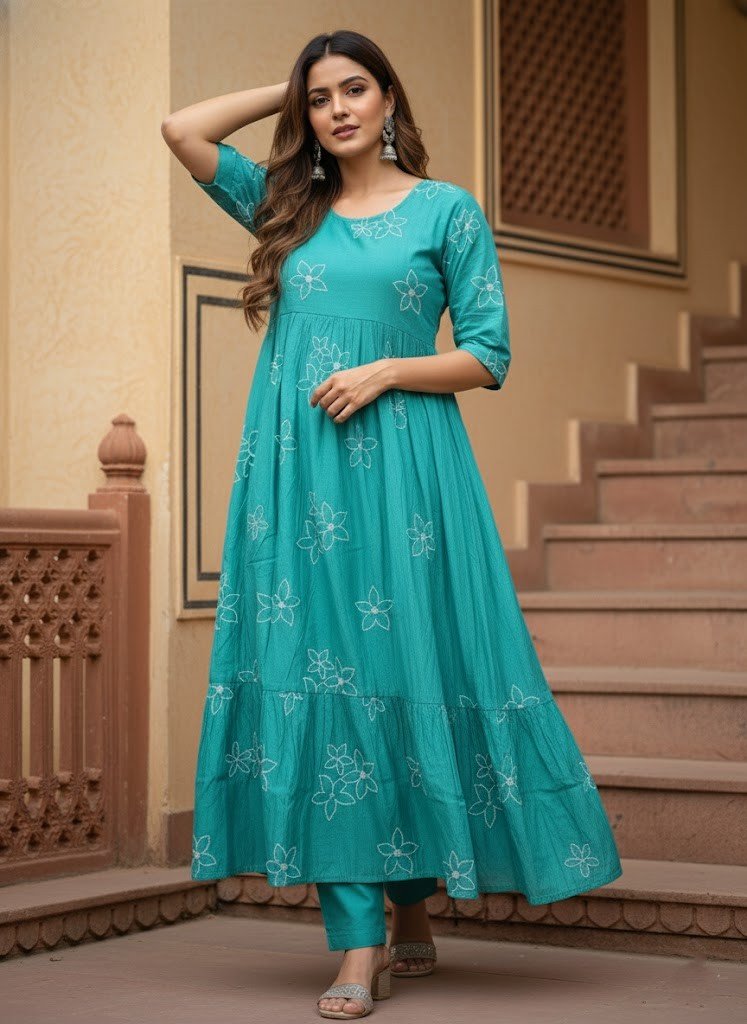 Teal Floral Embroidered Rayon Maxi Dress